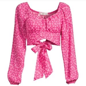 NYC Madden Pink Heart Patterned Crop Halter Belly Tie Back Women's Blouse